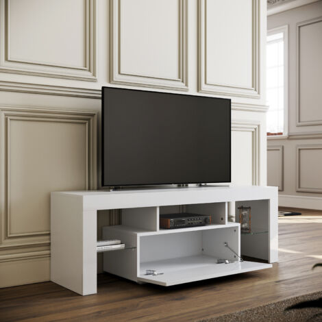 SIRHONA Muebles de Televisión Salón Blanco con Luces LED 12 Colores Mesa TV Madera 55 Pulgadas 130cm Luz y Mando a Distancia Estante Crsital Puerta Abatible Moderno
