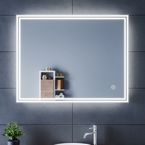Sirhona – Espejo de baño rectangular 70x90 cm – Led frío blanco 6500K – Interruptor táctil – Función antivaho – Ahorro energético (1/5)