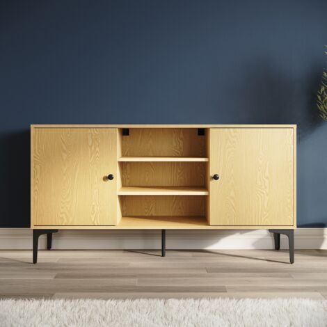 SONNI Mueble de TV 2 Puertas 2 Compartimentos Abiertos Estantes 135x35x70cm Color Madera Original (1/5)