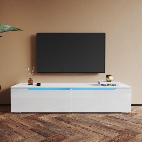 SONNI Mueble TV Suspendido Blanco Brillo con Luces 12 Colores,Mueble de Salón con LED Madera 2 Puertas Abatibles 140 cm