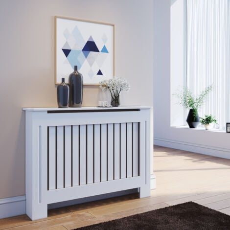 Sonni - Cubierta de Radiador de madera de MDF de Color Blanco Moderno de líneas verticales superficie de Estantería útil de madera para sala de estar