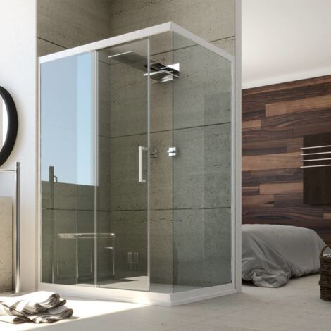 Cabine douche angulaire verre et pvc blanc h 200 mod. Glax porte de douche + paroi latérale 90x100 cm transparent (1/5)