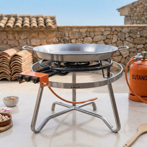 VAELLO Réchaud à Paella Émaillé 3 Feux 70 Cm – Brûleur Gaz Butane/Propane Puissant Pour Paella Géante, Barbecue Extérieur, Garantie 2 Ans