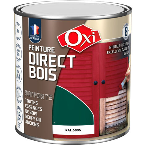 Peinture satinée spéciale microporeuse pour bois neufs ou anciens OXI PEINTURE DIRECT BOIS Vert Jardin (RAL 6002) 0.5 litre