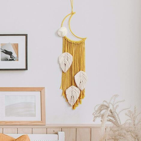 Attrape Reves De Lune Jaune Macrame A Suspendre Tapisserie Tissee A La Main Accessoires De Decoration