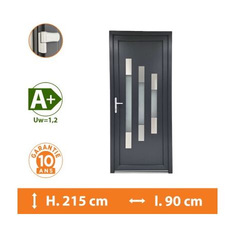 Direct Fenêtres – Porte d'entrée PVC gris anthracite RAL 7016 – Épaisseur 79 mm – Double vitrage 33.2/14/4 avec gaz argon – Sécurité 5 points