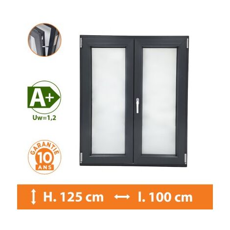 Direct Fenêtres – Fenêtre PVC 2 vantaux gris anthracite H.125 x l.100 cm – Double vitrage 4/16/4 – Isolation thermique Uw 1,2 – Ouverture oscillo-battante