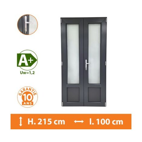 Direct Fenêtres – Porte-fenêtre PVC 2 vantaux gris anthracite – H.215 x l.100 cm – Double vitrage 4/16/4 – Isolation thermique A+ – Seuil PMR aluminium 18 mm