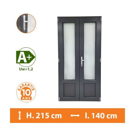 Direct Fenêtres – Porte-fenêtre PVC 2 vantaux gris anthracite H.215 x l.140 cm – Double vitrage 4/16/4 – Isolation thermique A+ – Sécurité 5 points