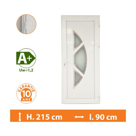 Direct Fenêtres – Porte d'entrée PVC blanc 83cm – Double vitrage fe gaz argon – Isolation thermique A – Seuil aluminium PMR 18mm – 10 ans de garantie