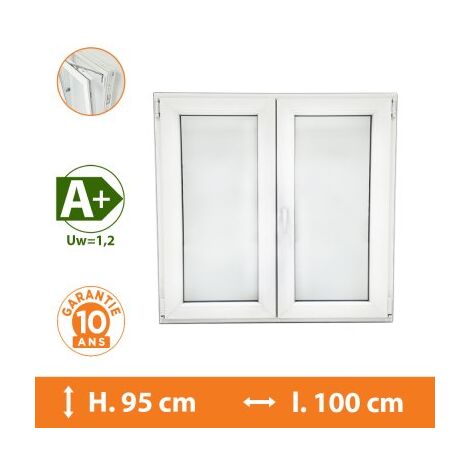 Direct Fenêtres – Fenêtre PVC 2 vantaux blanc H.95 x l.100 cm – Double vitrage 4/16/4 – Isolation thermique Uw = 1,2 – Ouverture oscillo-battante