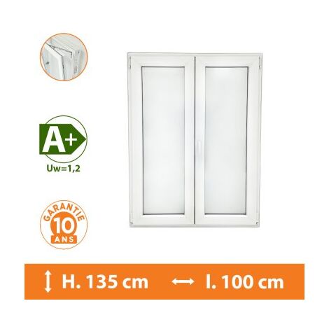 Direct Fenêtres – Fenêtre PVC 2 vantaux blanc H.135 x l.100 cm – Double vitrage 4/16/4 – Isolation thermique Uw=1,2 – Ouverture oscillo-battante (1/5)