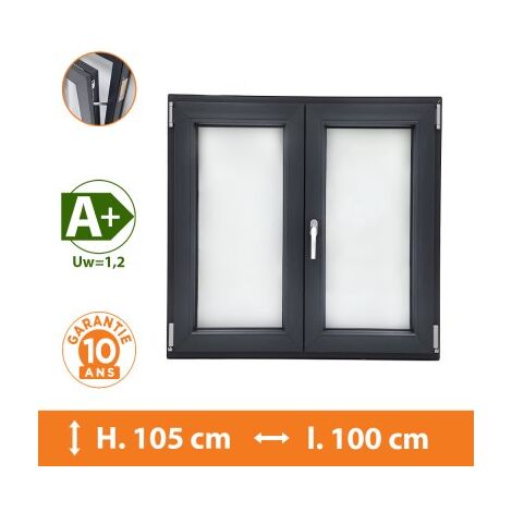 Direct Fenêtres – Fenêtre PVC 2 vantaux gris anthracite H.105 x l.100 cm – Double vitrage 4/16/4 – Isolation thermique Uw = 1,2 – Ouverture oscillo-battante