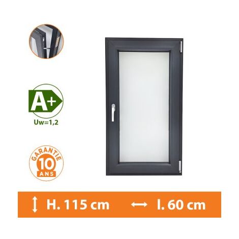 Direct Fenêtres – Fenêtre PVC 1 vantail oscillo-battante gris anthracite – H.115 x l.60 cm – Double vitrage 4/16/4 avec gaz argon – Isolation thermique Uw 1,2