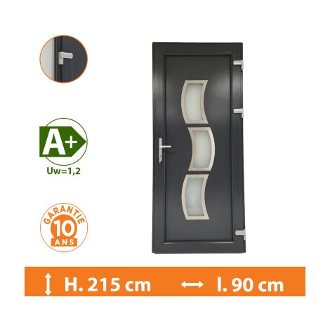 Direct Fenêtres – Porte d'entrée PVC gris 1 vantail tirant droit – Double vitrage 33.2/14/4 – Isolation thermique Ud = 1,4 – Épaisseur dormant 70 mm