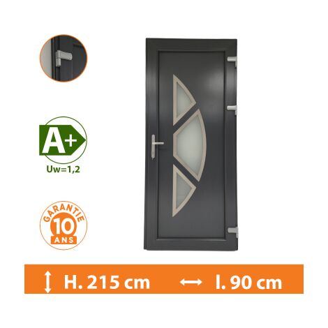 Direct Fenêtres – Porte d'entrée PVC gris 1 vantail – Double vitrage 33.2/14/4 – Isolation thermique Ud 1,4 – Seuil extra plat PMR 18 mm
