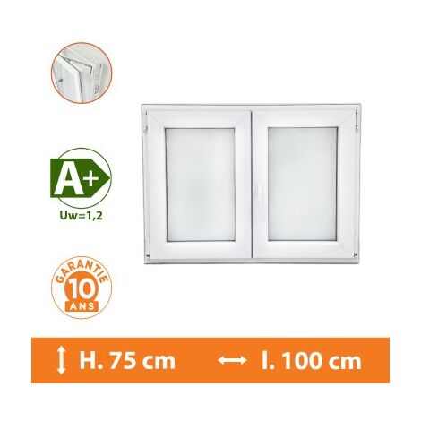 Direct Fenêtres – Fenêtre PVC 2 vantaux blanc – H.75 x l.100 cm – Double vitrage 4/16/4 – Isolation thermique Uw=1,2 – Système oscillo-battant sécurisé