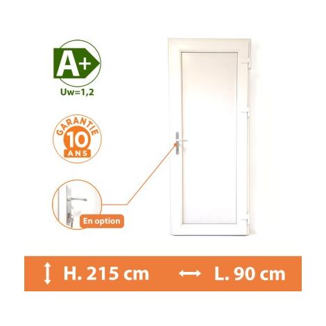Direct Fenêtres – Porte de service PVC pleine blanche – H.215 x l.90 cm – Isolation thermique A – 5 points de fermeture – Seuil extra plat PMR