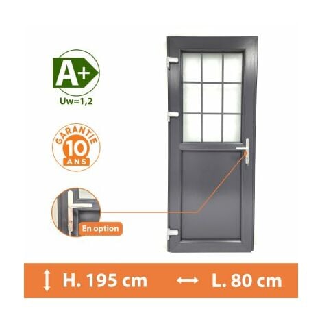 Porte de service 1/2 vitrée croisillons - Gris - Tirant gauche - vitrage clair - H.195 x l.80 cm