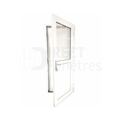 Porte de service 1/2 vitrée croisillons - Blanc - Tirant Droit -vitrage clair - H.195 x l.90 cm