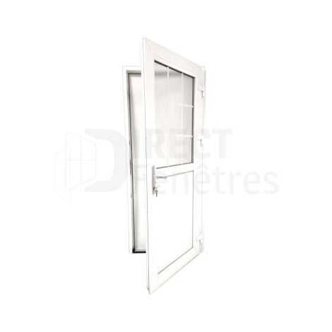 Porte de service 1/2 vitrée croisillons - Blanc - vitrage clair - H.195 x l.80 cm