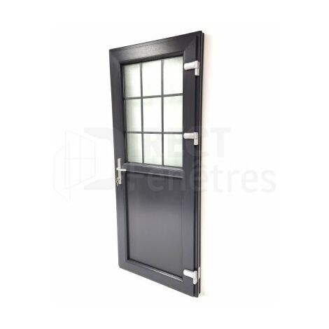 Porte de service 1/2 vitrée croisillons - Gris - Tirant Droit - vitrage clair - H.195 x l.90 cm