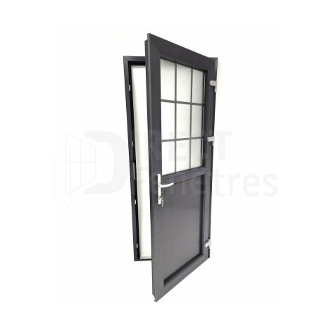 Porte de service 1/2 vitrée croisillons - Gris - Tirant Droit - vitrage clair - H.195 x l.90 cm