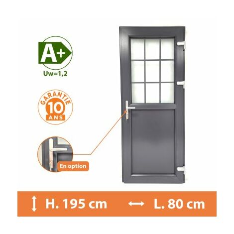 Direct Fenêtres – Porte de service PVC 1/2 vitrée croisillons – Gris anthracite RAL 7016 – H.195 x l.80 cm – Double vitrage clair pour isolation thermique et acoustique