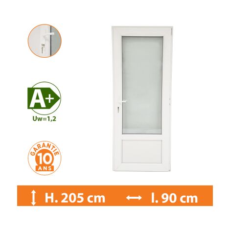 Direct Fenêtres – Porte-fenêtre 1 vantail blanc – Double vitrage 4/16/4 – Isolation thermique A+ (Uw = 1,2) – H.205 x l.90 cm