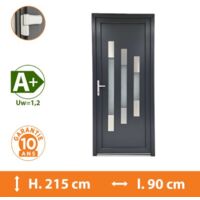 Direct Fenêtres – Porte d'entrée PVC gris anthracite – Double vitrage 33.2/14/4 – Isolation thermique A – Seuil aluminium PMR 18mm – 1 vantail ouvrant à la française
