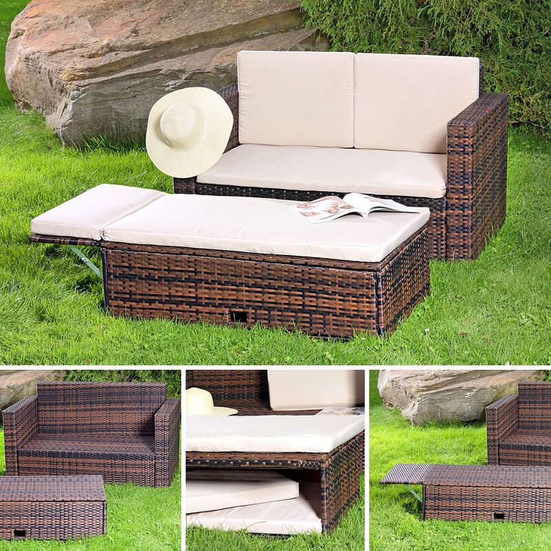 Divano da giardino Melko con tavolo pieghevole Brown Polyrattan Sedute da  giardino mobili da giardino set divano panca