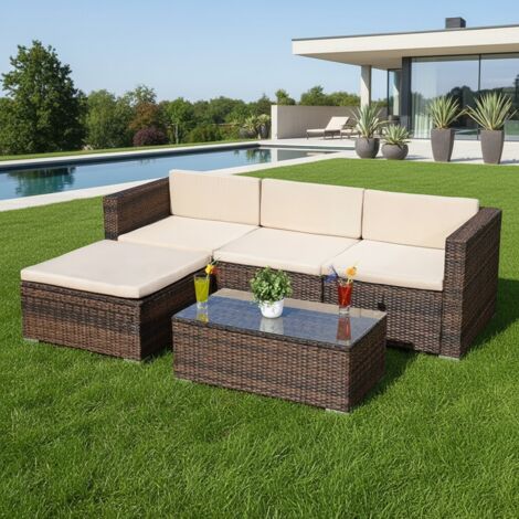Dinette Gruppo di seduta Mobili in rattan Mobili in rattan Divano ad angolo Tavolo da giardino Tappezzeria marrone (1/5)
