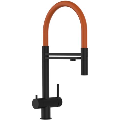 3 Wege Wasserhahn Küchenarmatur, Edelstahl Massiv mit 360° schwenkbarem Auslauf, abnehmbare 2 strahl Handbrause, PVD Schwarz Matt / Orange (1/5)