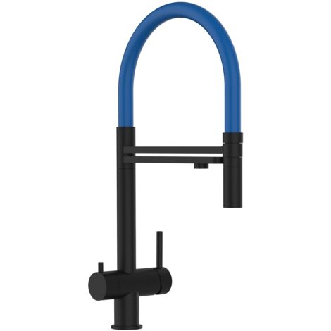 3 Wege Wasserhahn Küchenarmatur, Edelstahl Massiv mit 360° schwenkbarem Auslauf, abnehmbare 2 strahl Handbrause, PVD Schwarz Matt / Blau (1/5)