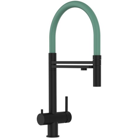 3 Wege Wasserhahn Küchenarmatur, Edelstahl Massiv mit 360° schwenkbarem Auslauf, abnehmbare 2 strahl Handbrause, PVD Schwarz Matt / Türkis (1/5)