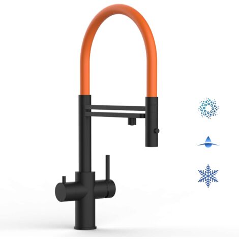 5 Wege Wasserhahn Küchenarmatur, Edelstahl Massiv mit 360° schwenkbarem Auslauf, abnehmbare 2 strahl Handbrause, PVD Schwarz Matt / Orange (1/5)