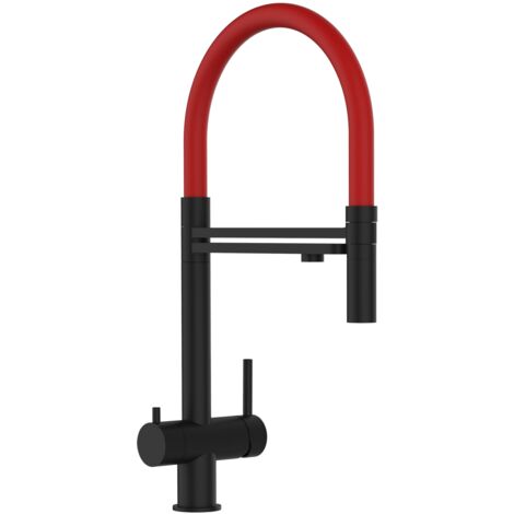 3 Wege Wasserhahn Küchenarmatur, Edelstahl Massiv mit 360° schwenkbarem Auslauf, abnehmbare 2 strahl Handbrause, PVD Schwarz Matt / Rot (1/5)