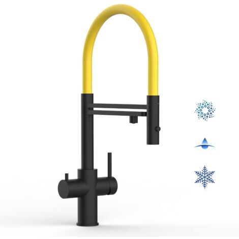 5 Wege Wasserhahn Küchenarmatur, Edelstahl Massiv mit 360° schwenkbarem Auslauf, abnehmbare 2 strahl Handbrause, PVD Schwarz Matt / Gelb (1/5)