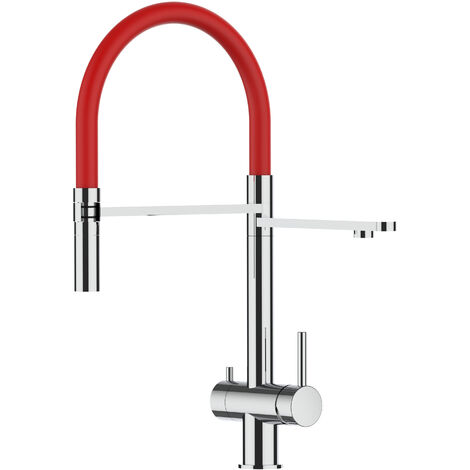 3 Wege Wasserhahn Edelstahl Massiv Kuechenarmatur mit Rot 360 schwenkbarem Auslauf und abnehmbare 2 strahl Handbrause - Edelstahl Hochglanz (1/5)