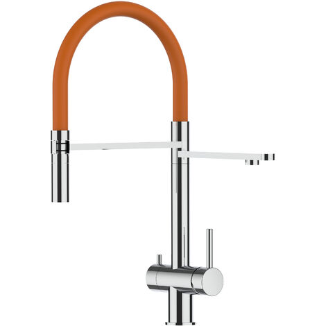 3 Wege Wasserhahn Edelstahl Massiv Kuechenarmatur mit Orange 360 schwenkbarem Auslauf und abnehmbare 2 strahl Handbrause - Edelstahl Hochglanz (1/5)