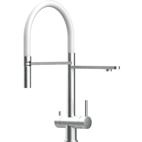 3 Wege Wasserhahn Edelstahl Massiv Kuechenarmatur mit Weiss 360 schwenkbarem Auslauf und abnehmbare 2 strahl Handbrause - Edelstahl Gebuerstet (1/5)