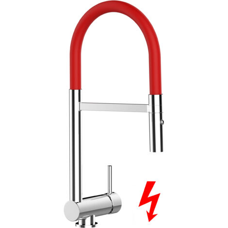 NIEDERDRUCK Unterfenster Wasserhahn Vorfenster Umklappbar 6 CM Verchromt Küchenarmatur mit 360° schwenkbarem Rot Auslauf und abnehmbare 2 strahl Handbrause (1/5)