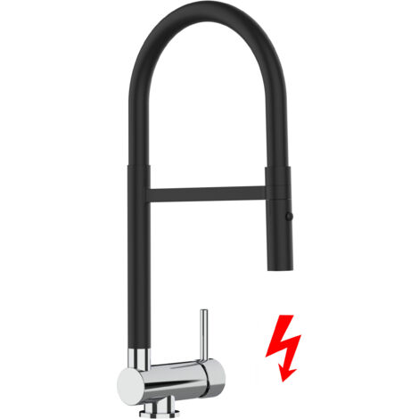 NIEDERDRUCK Unterfenster Wasserhahn Vorfenster Umklappbar 6 CM Verchromt und Schwarz Matt Küchenarmatur mit 360° schwenkbarem schwarz Auslauf und abnehmbare 2 strahl Handbrause (1/5)