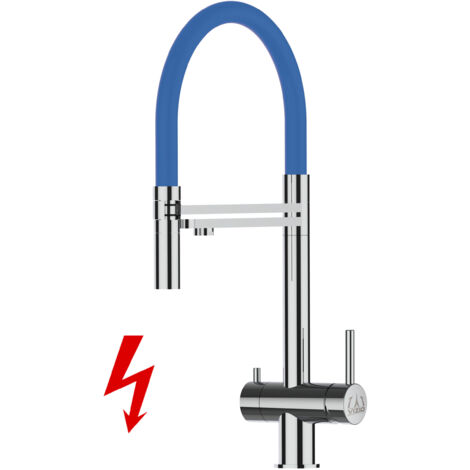 NIEDERDRUCK 3 Wege Edelstahl Massiv Küchenarmatur Spültischmischer, mit 360° schwenkbarem Blau Auslauf und 2 strahl Handbrause - Hochglanz (1/5)