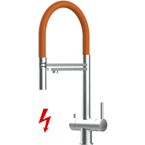 NIEDERDRUCK 3 Wege Edelstahl Massiv Küchenarmatur Spültischmischer, mit 360° schwenkbarem Orange Auslauf und 2 strahl Handbrause - Gebürstet (1/5)