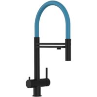3 Wege Wasserhahn Küchenarmatur, Edelstahl Massiv mit 360° schwenkbarem Auslauf, abnehmbare 2 strahl Handbrause, PVD Schwarz Matt / Hellblau