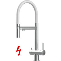 NIEDERDRUCK 3 Wege Edelstahl Massiv Küchenarmatur Spültischmischer, mit 360° schwenkbarem Weiß Auslauf und 2 strahl Handbrause - Gebürstet