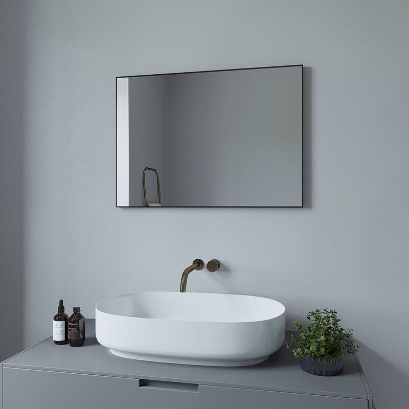 AQUABATOS Wandspiegel Rechteckiger Spiegel Modern Badspiegel Mattschwarzer  Aluminiumrahmen 70 x 50 cm horizontaler vertikaler Einbau