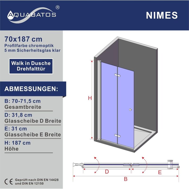 Duschkabine Mit Falttür, Eckeinstieg, 70x70x187 Cm, ESG-Sicherheitsglas 5 Mm, Chrom-Profile, Für Ebenerdige Dusche