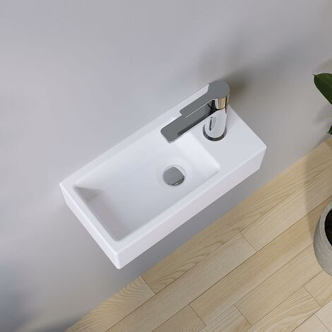 AQUABATOS Hängewaschbecken Keramik Waschtisch Handwaschbecken, mit Hahnloch Rechts und Stockschrauben, Ohne Überlauf, Ohne wasserhahn, Ohne ablaufventil, Weiß, Eckig 405 x 200 x 105 mm